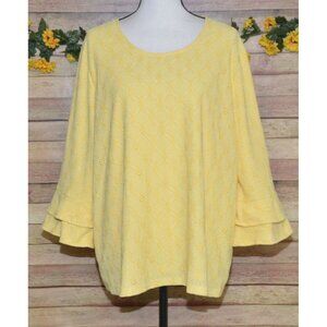 Chico's 4 US XXL 1X Butter Yellow Eyelet Blouse Top 3/4 Ruffle Sleeve Scoop Neck